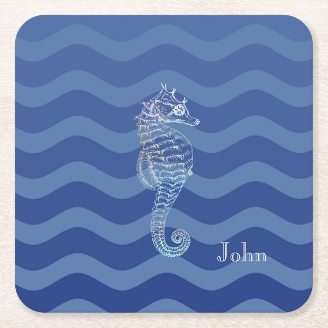 Nautical Navy Blue Stripe Waves Seahorse Square Paper Coaster (Front)