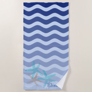 Nautical Navy Blue Stripe Waves Starfish Beach Towel