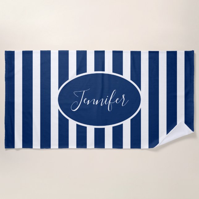 Nautical Navy Blue Striped Add Name Script Beach Towel (Front)