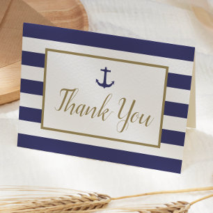 Nautical Navy Blue Stripes Anchor Gold Script Thank You Card