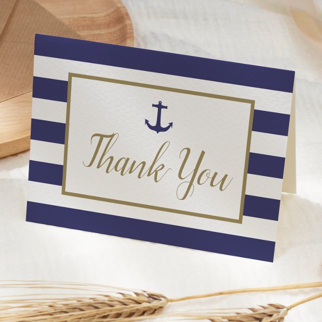 Nautical Navy Blue Stripes Anchor Gold Script Thank You Card (Creator Uploaded)
