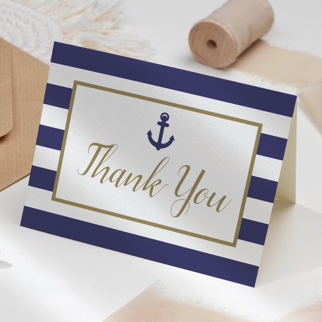 Nautical Navy Blue Stripes Anchor Gold Script Thank You Card (Creator Uploaded)