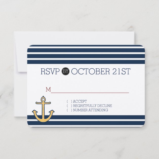 Nautical Navy Blue Stripes Anchor RSVP Card (Front)