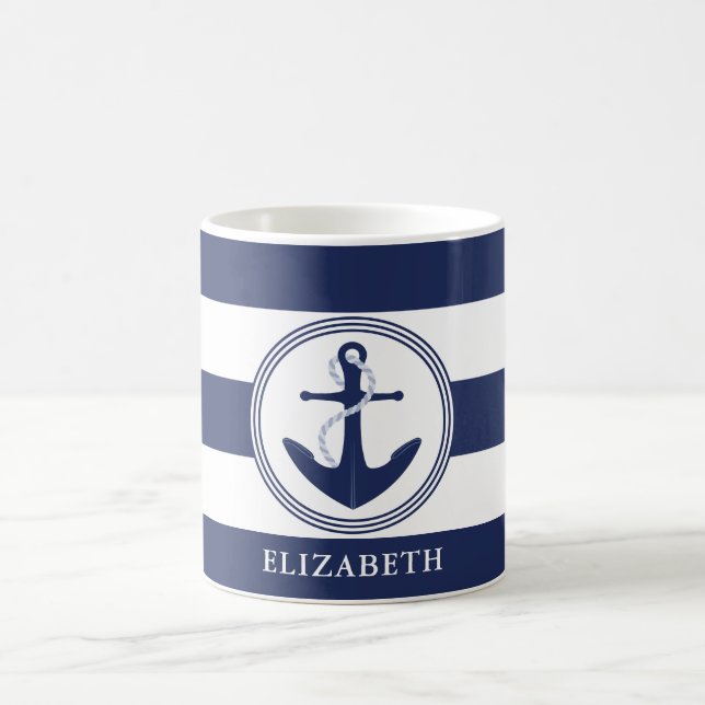 Nautical Navy Blue Stripes And Anchor Personalised Coffee Mug (Center)