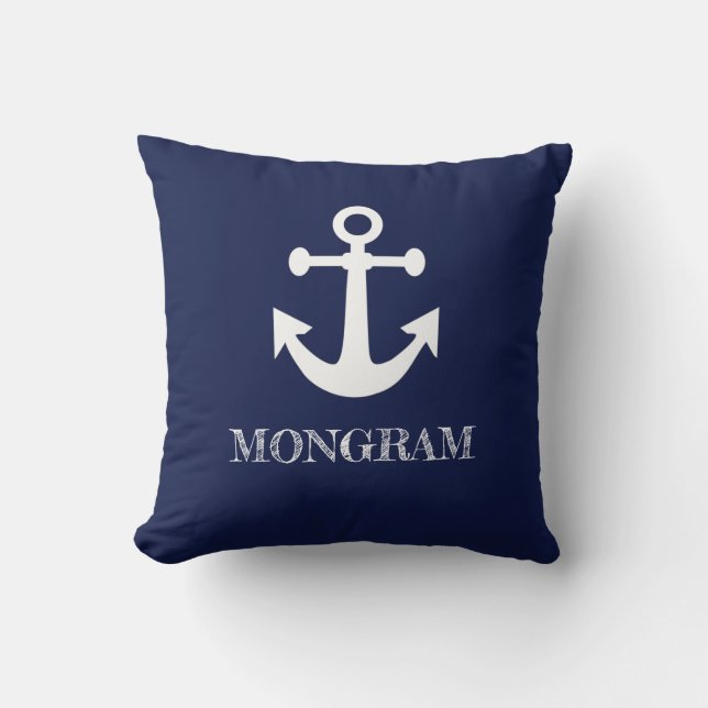 Nautical Navy Blue stripes Boat Name Anchor Cushion (Front)