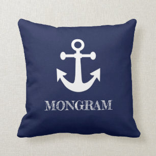Nautical Navy Blue stripes Boat Name Anchor Cushion