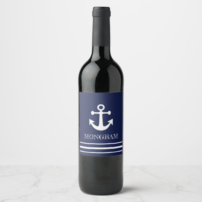Nautical Navy Blue stripes boat Name Anchor Wine Label (Front)