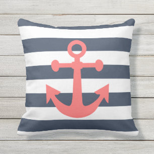 Nautical Navy Blue Stripes Coral Anchor Cushion