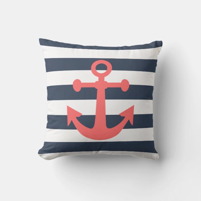 Nautical Navy Blue Stripes Coral Anchor Cushion (Front)