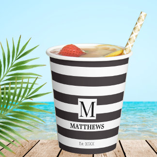 Nautical Navy Blue Stripes Family Name Monogram  Paper Cups