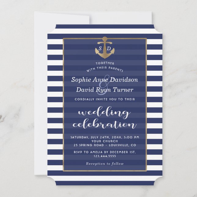 Nautical Navy Blue Stripes Gold Anchor Wedding Invitation (Front)
