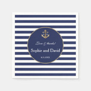Nautical Navy Blue Stripes Gold Anchor Wedding Napkin