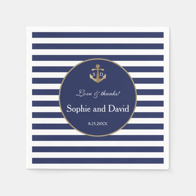 Nautical Navy Blue Stripes Gold Anchor Wedding Napkin (Front)