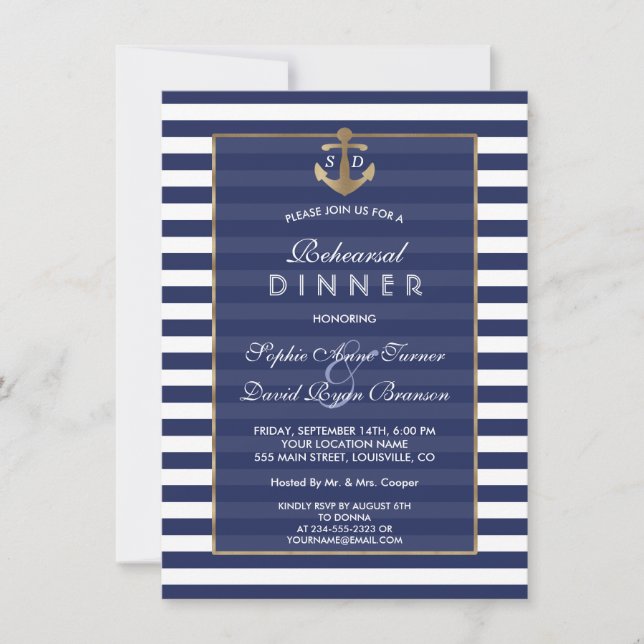 Nautical Navy Blue Stripes Gold REHEARSAL DINNER Invitation (Front)