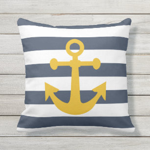 Nautical Navy Blue Stripes Mustard Yellow Anchor Outdoor Cushion