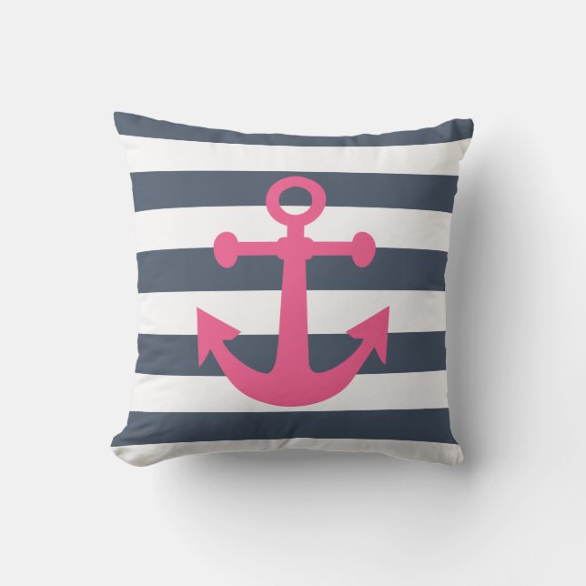 Nautical Navy Blue Stripes Pink Magenta Anchor Outdoor Cushion (Front)