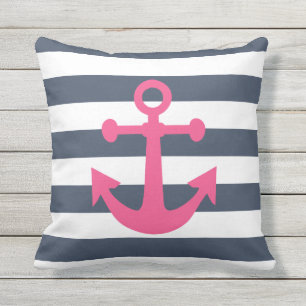 Nautical Navy Blue Stripes Pink Magenta Anchor Outdoor Cushion