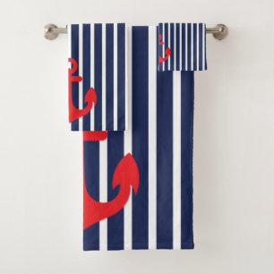 Nautical Navy Blue Stripes Red Anchor Bath Towel Set