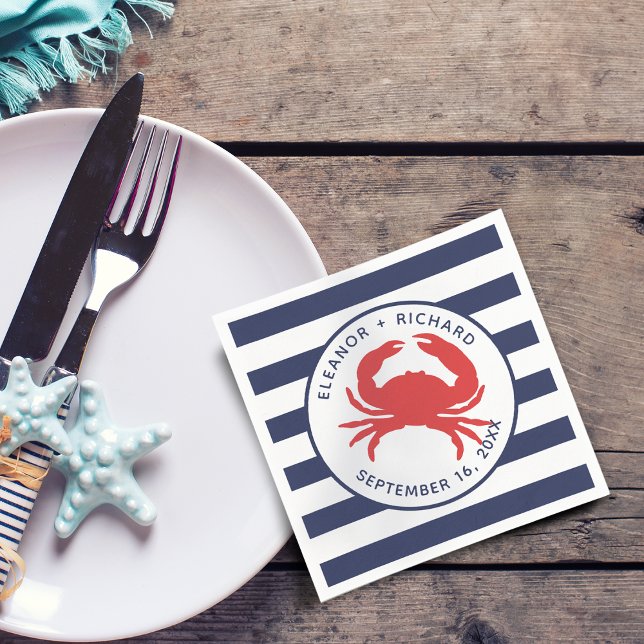 Nautical Navy Blue Stripes Red Crab Paper Napkin (Nautical Navy Blue Stripes Red Crab Paper Napkins)