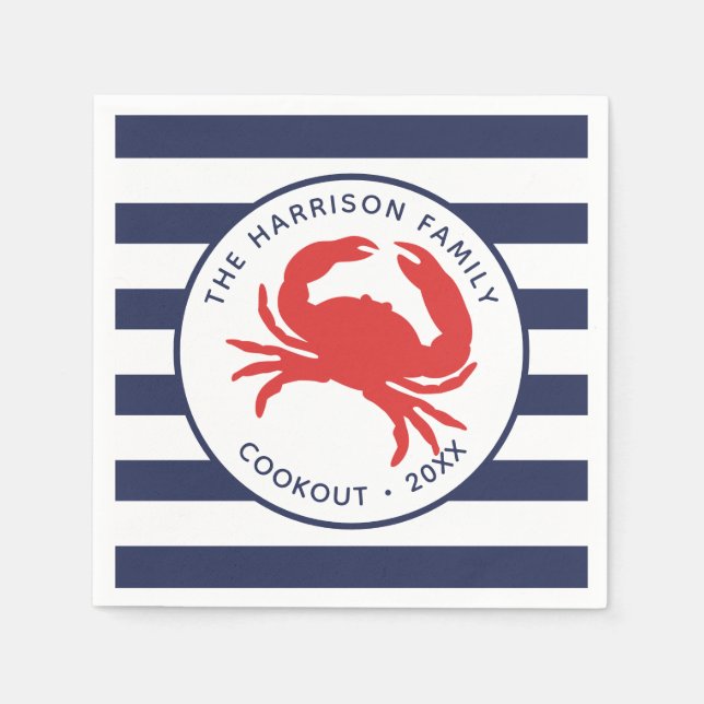 Nautical Navy Blue Stripes Red Crab Paper Napkin (Front)
