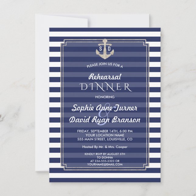 Nautical Navy Blue Stripes Silver REHEARSAL DINNER Invitation (Front)