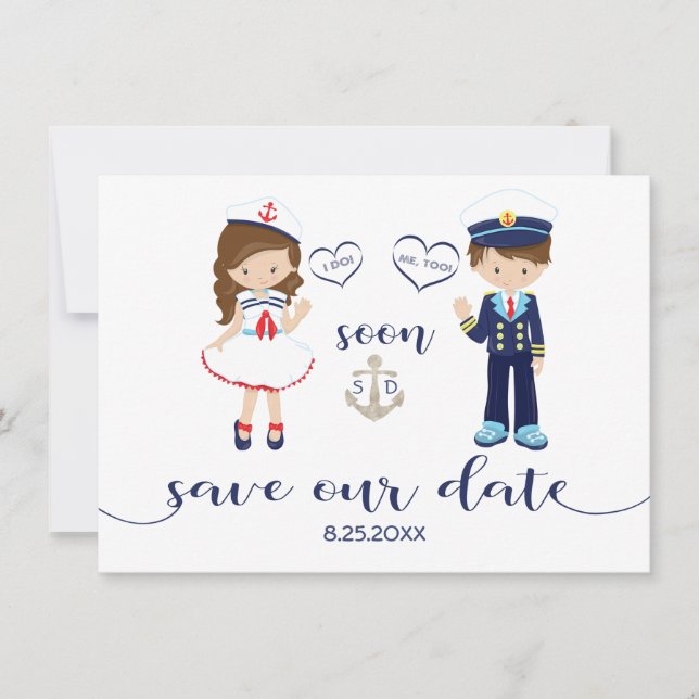 Nautical Navy Blue Stripes Silver Save the Date (Front)
