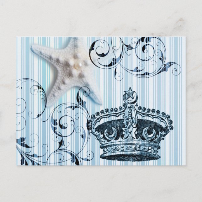 nautical navy blue stripes starfish seashell crown postcard (Front)