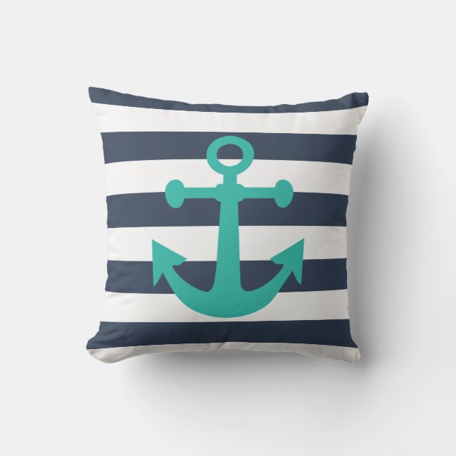 Nautical Navy Blue Stripes Turquoise Anchor Cushion (Front)
