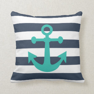 Nautical Navy Blue Stripes Turquoise Anchor Cushion