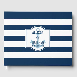 Nautical Navy Blue Stripes Wedding Monogram Guest Book