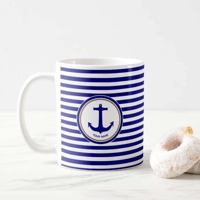 Nautical Navy Blue Stripes with Anchor Coffee Mug (With Donut)