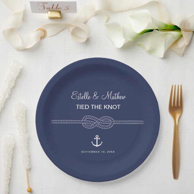 Nautical Navy Blue Tied the Knot Wedding Paper Plate (Wedding)
