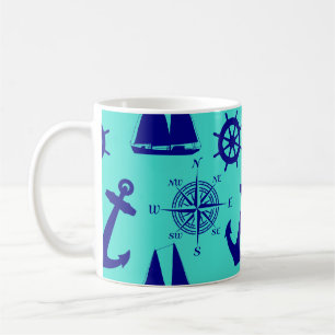 Nautical Navy Blue Turquoise Pattern Coffee Mug