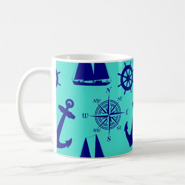 Nautical Navy Blue Turquoise Pattern Coffee Mug (Left)