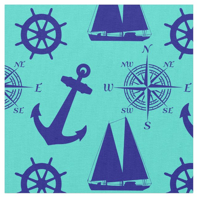 Nautical Navy Blue Turquoise Pattern Fabric (Close Up)