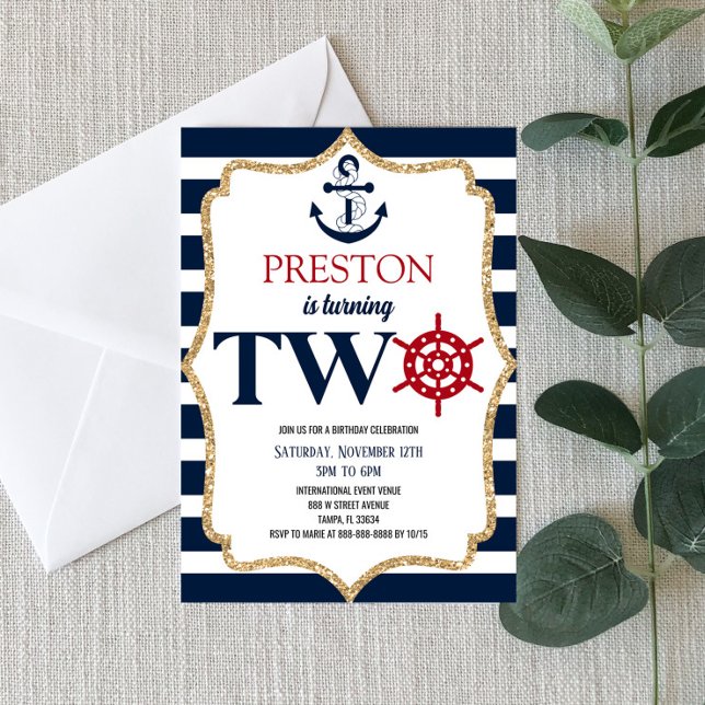 Nautical Navy Blue Two 2nd Second Birthday Party  Invitation (Creator Uploaded)