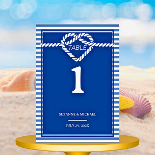 Nautical Navy Blue Tying Knot Stripes Wedding Table Number