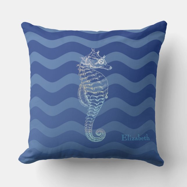Nautical Navy Blue Waves, Seahorse Cushion (Front)