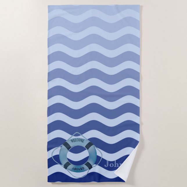 Nautical  Navy Blue Waves Stripe Beach Towel (Front)