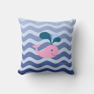 Nautical Navy Blue Waves, Whale Cushion