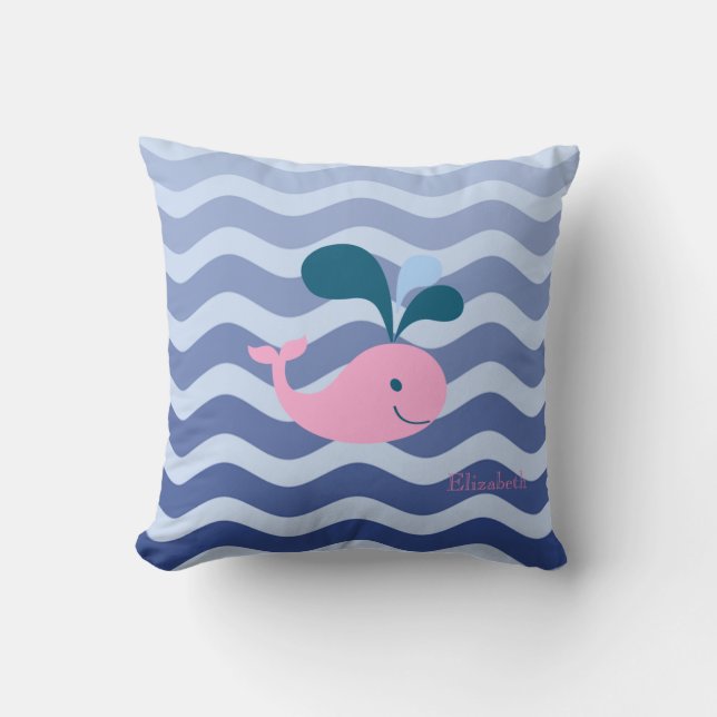 Nautical Navy Blue Waves, Whale Cushion (Front)
