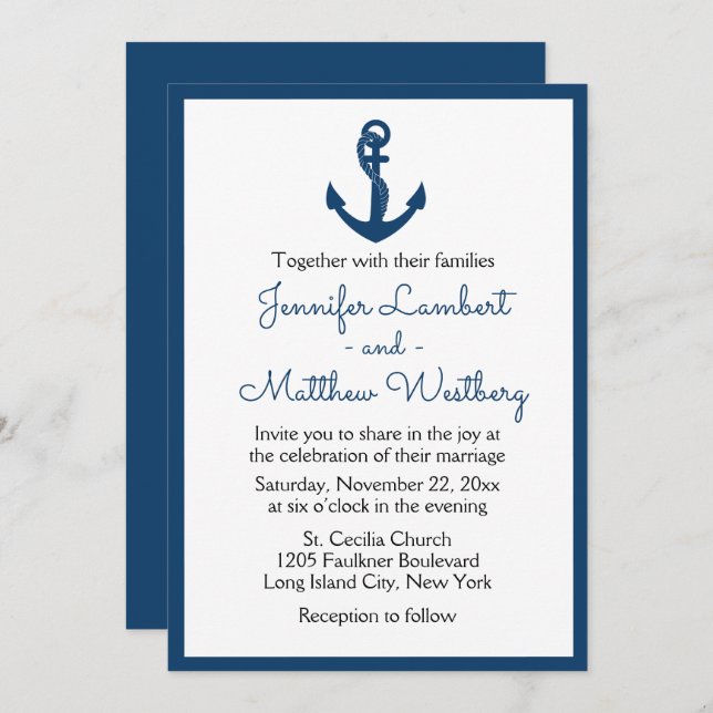 Nautical Navy Blue Wedding Anchor Sailor Beach Invitation (Front/Back)