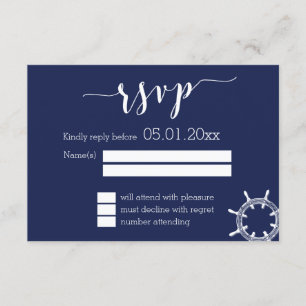 Nautical Navy Blue Wedding RSVP Cards With Wheel