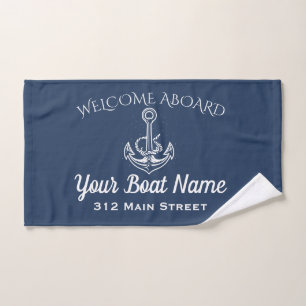 Nautical Navy Blue Welcome Aboard Anchor Boat Name Hand Towel