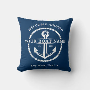 Nautical Navy Blue Welcome Aboard Boat Name Anchor Cushion