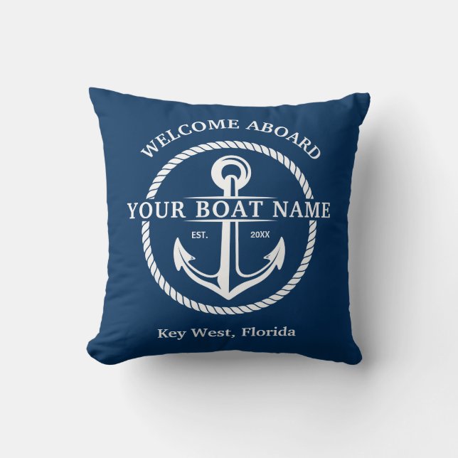 Nautical Navy Blue Welcome Aboard Boat Name Anchor Cushion (Front)