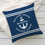 Nautical Navy Blue Welcome Aboard Boat Name Anchor Cushion<br><div class="desc">Nautical "Welcome Aboard" boat pillow design features a simple, stylish navy blue and white coastal style design with boat anchor accent. Personalise the custom text with the name of your boat along with her location city and state. Makes a great boating themed gift for boat owners. Two-sided pillow features the...</div>