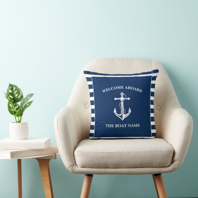 Nautical Navy Blue Welcome Aboard Boat Name Anchor Cushion (Chair)