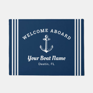 Nautical Navy Blue Welcome Aboard Boat Name Anchor Doormat