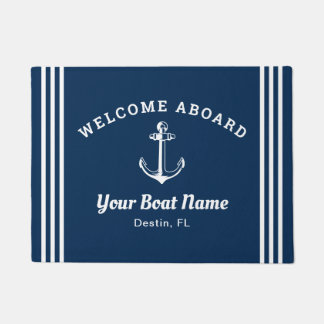 Nautical Navy Blue Welcome Aboard Boat Name Anchor Doormat